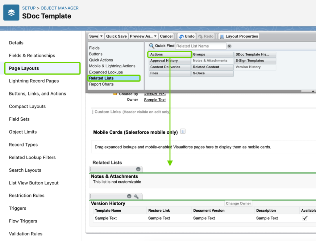 Configuration of the Actions Related List on the S-Doc Template Object.