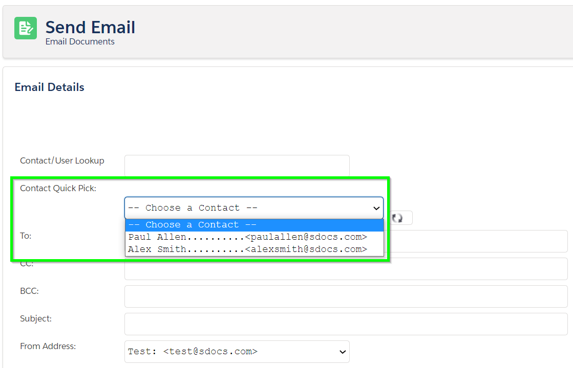 The S-Docs contact quick pick menu