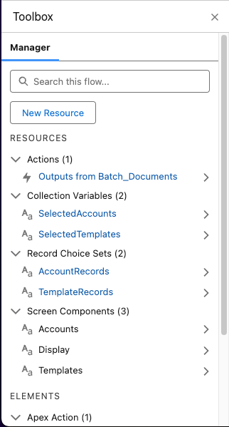 Resources menu in Salesforce flow builder.