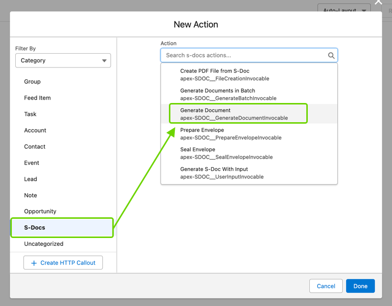 S-Docs Invocable Apex Actions menu in Flow Builder