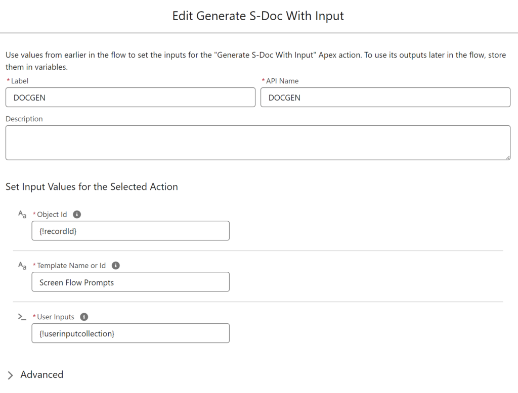 Configuration Menu for the Generate S-Doc With Input Action