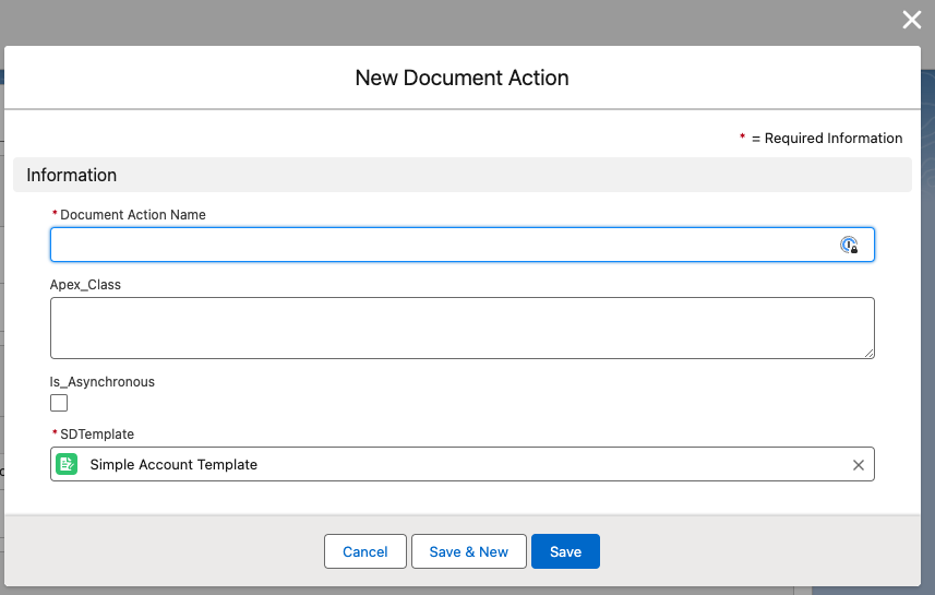 New Document Action Configuration Window